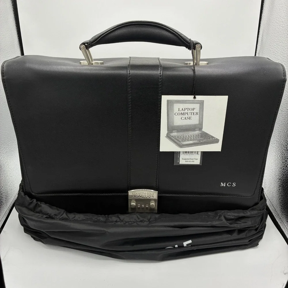 Kenneth Cole Reaction Leather Laptop Case Briefcase Black NWT W/ Strap & lock